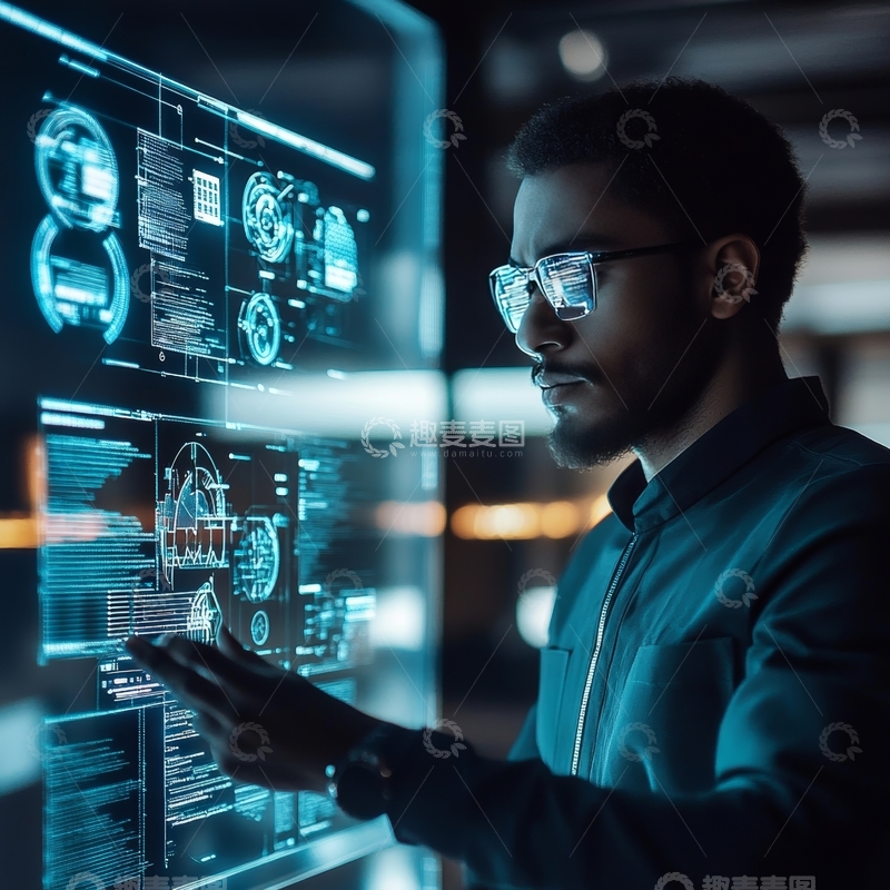 高清大图下载【趣麦麦图】男子在虚拟屏幕上分析数据
