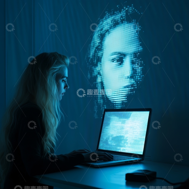 高清大图下载【趣麦麦图】女子专注电脑，背景投影人脸图像