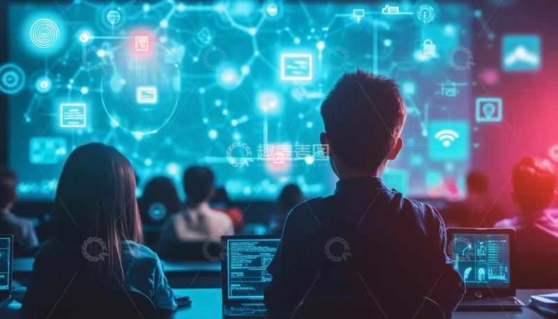 高清大图下载【趣麦麦图】科技会议现场，观众注视未来网络展示