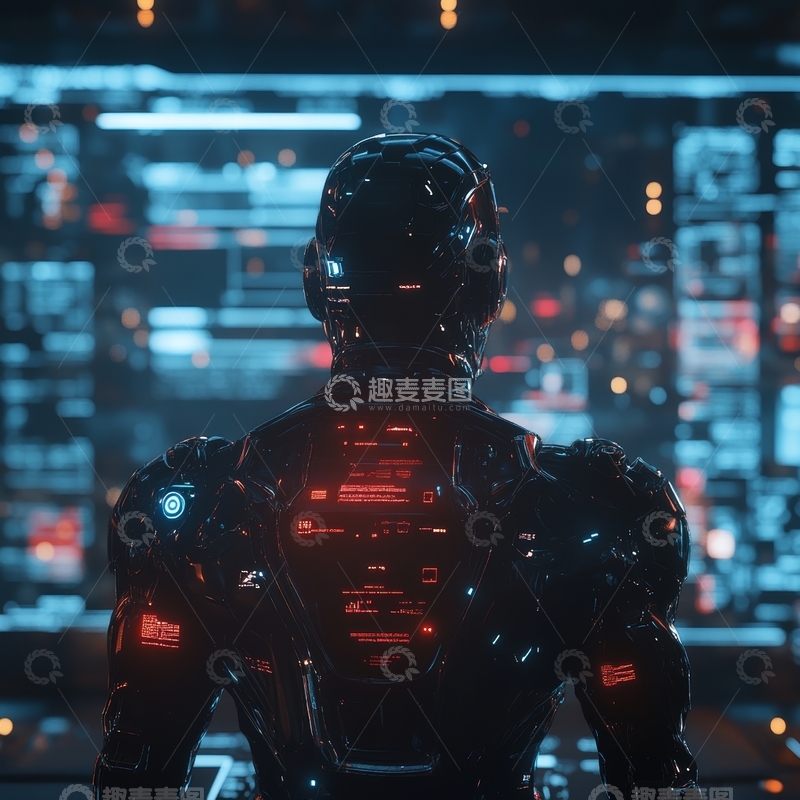 高清大图下载【趣麦麦图】未来机器人背影与科技城市夜景