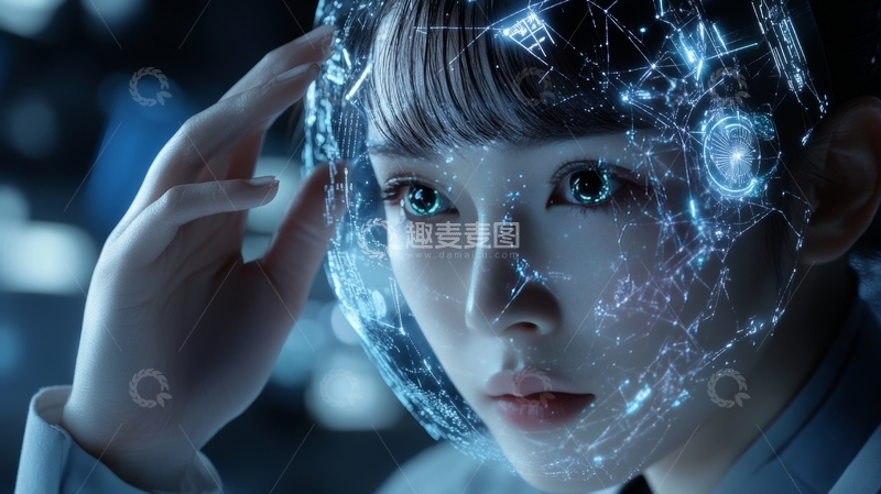 高清大图下载【趣麦麦图】未来科技女性，脑部数据网络映射