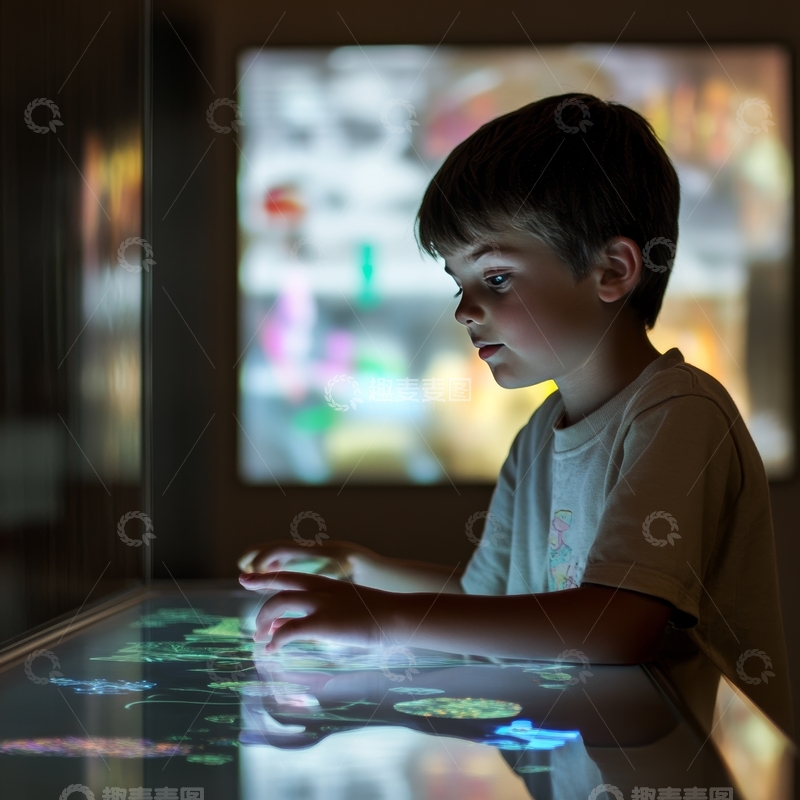 高清大图下载【趣麦麦图】小男孩专注操作互动投影屏幕