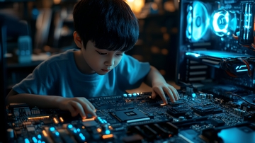 少年专注组装电脑主板