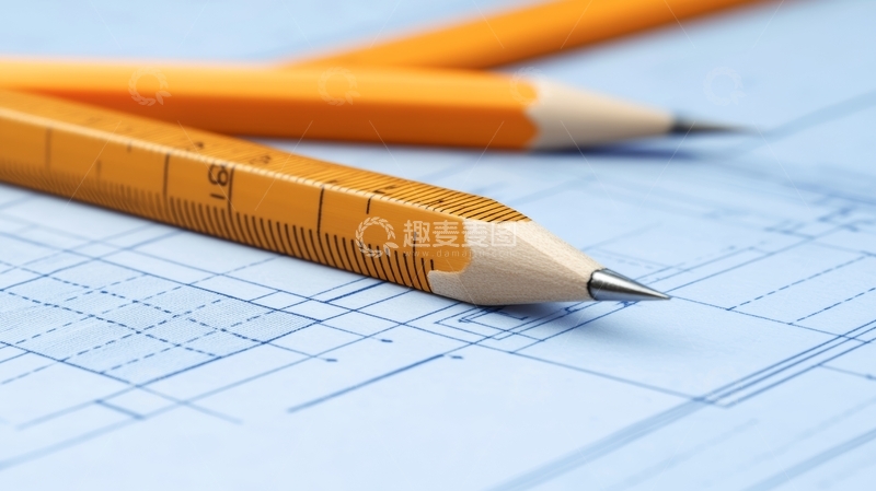高清大图下载【趣麦麦图】铅笔与尺子置于图纸之上