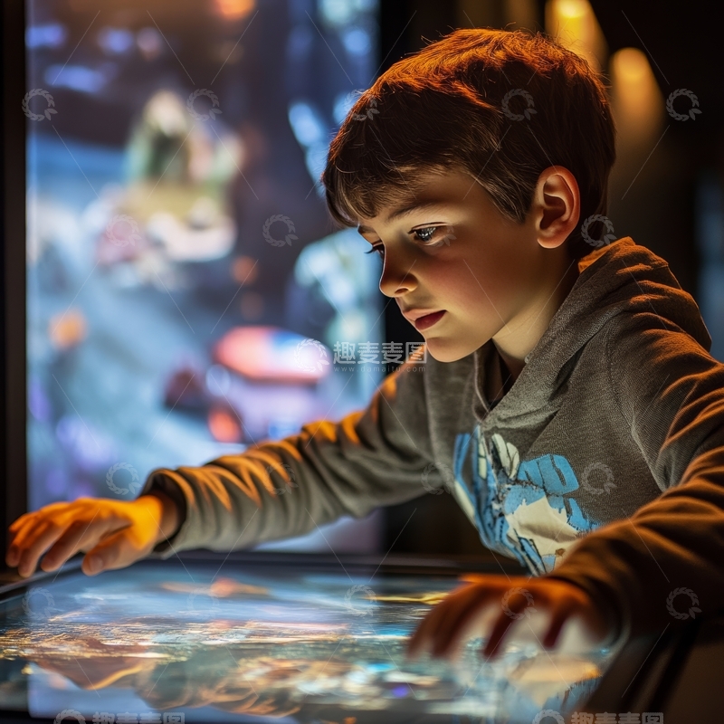 高清大图下载【趣麦麦图】小男孩专注操作互动屏幕