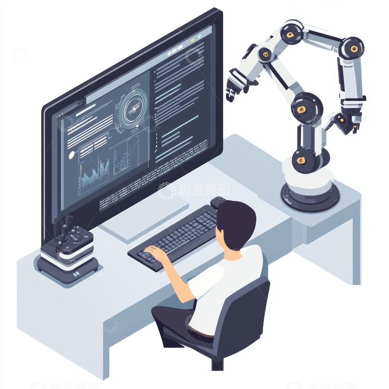 高清大图下载【趣麦麦图】工程师操作机器人，监控数据分析
