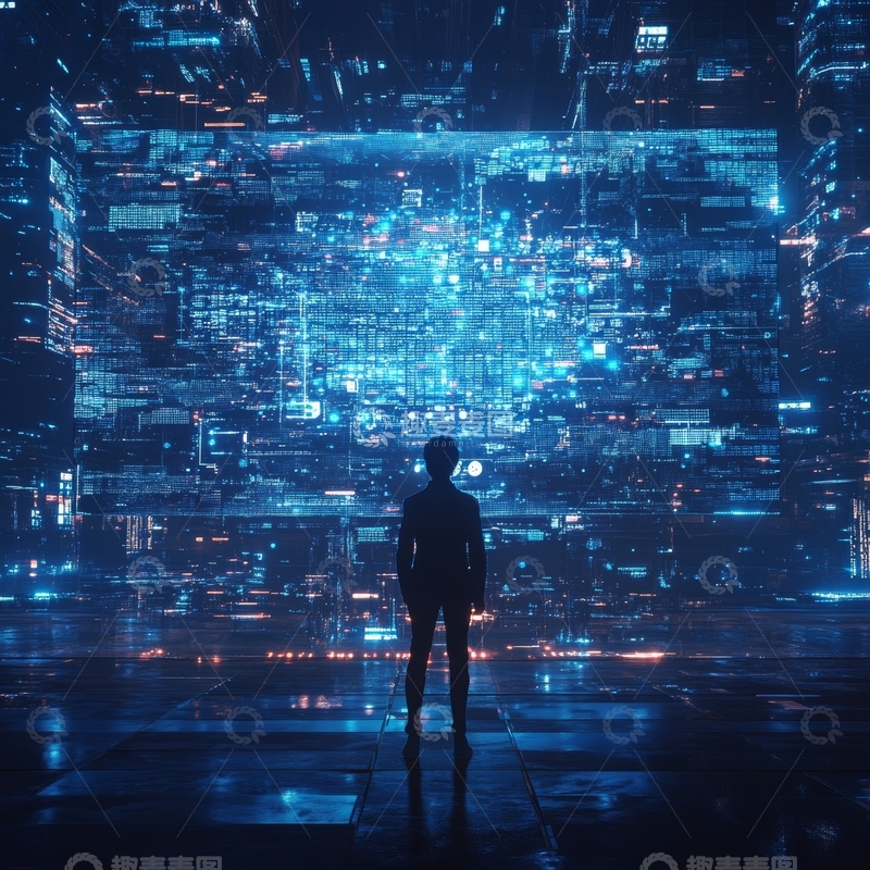 高清大图下载【趣麦麦图】未来城市夜景中的人影
