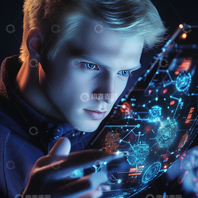 高清大图下载【趣麦麦图】青年注视虚拟屏幕，科技感十足