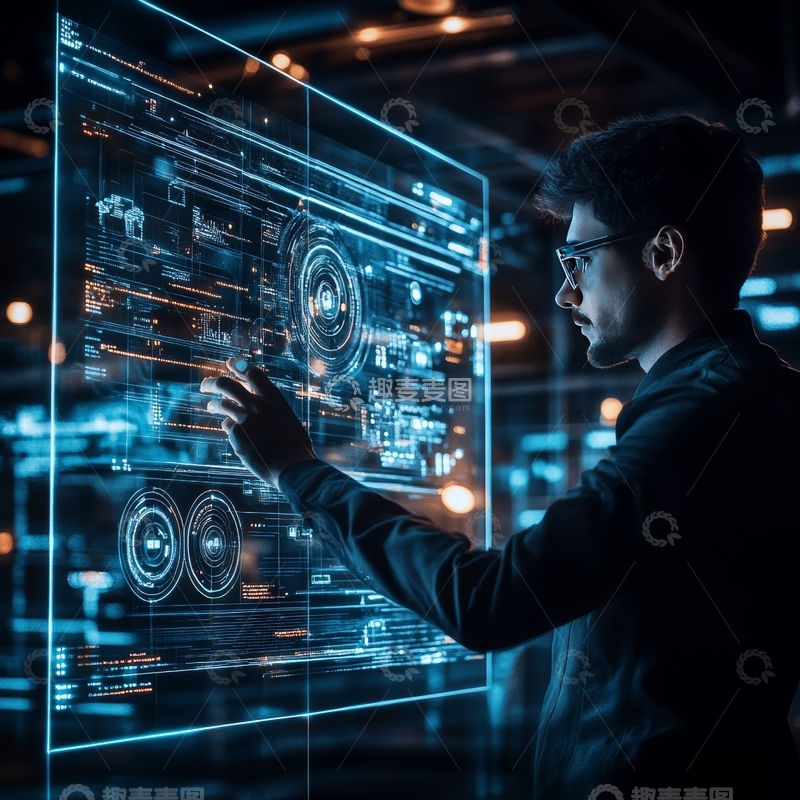 高清大图下载【趣麦麦图】男子操作未来科技透明屏幕