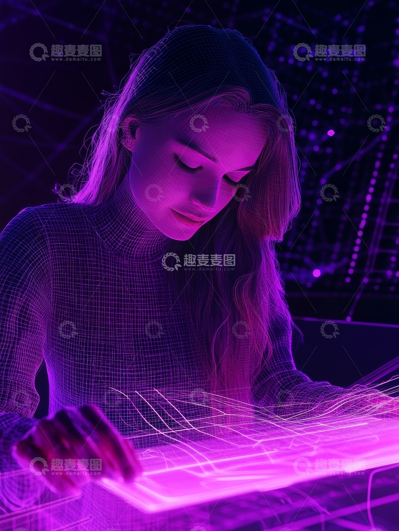 紫光中的女子专注操作光影装置