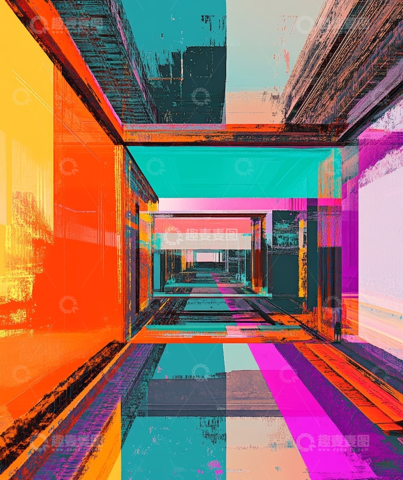 高清大图下载【趣麦麦图】色彩斑斓的抽象建筑走廊