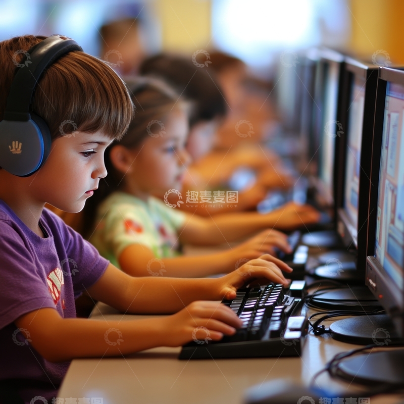 高清大图下载【趣麦麦图】孩子们在教室使用电脑学习