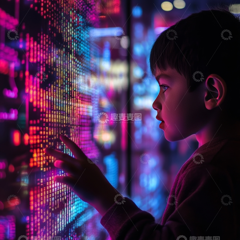 高清大图下载【趣麦麦图】男孩触摸未来科技屏幕