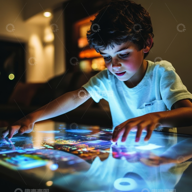 高清大图下载【趣麦麦图】小男孩专注操作互动投影桌面