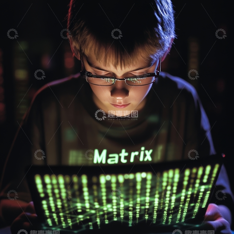 高清大图下载【趣麦麦图】少年专注观看屏幕上的绿色代码