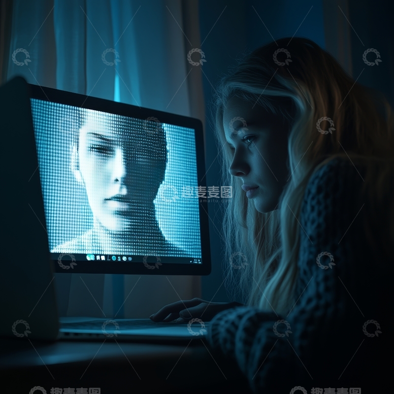 女子专注观看电脑屏幕上的面部图像