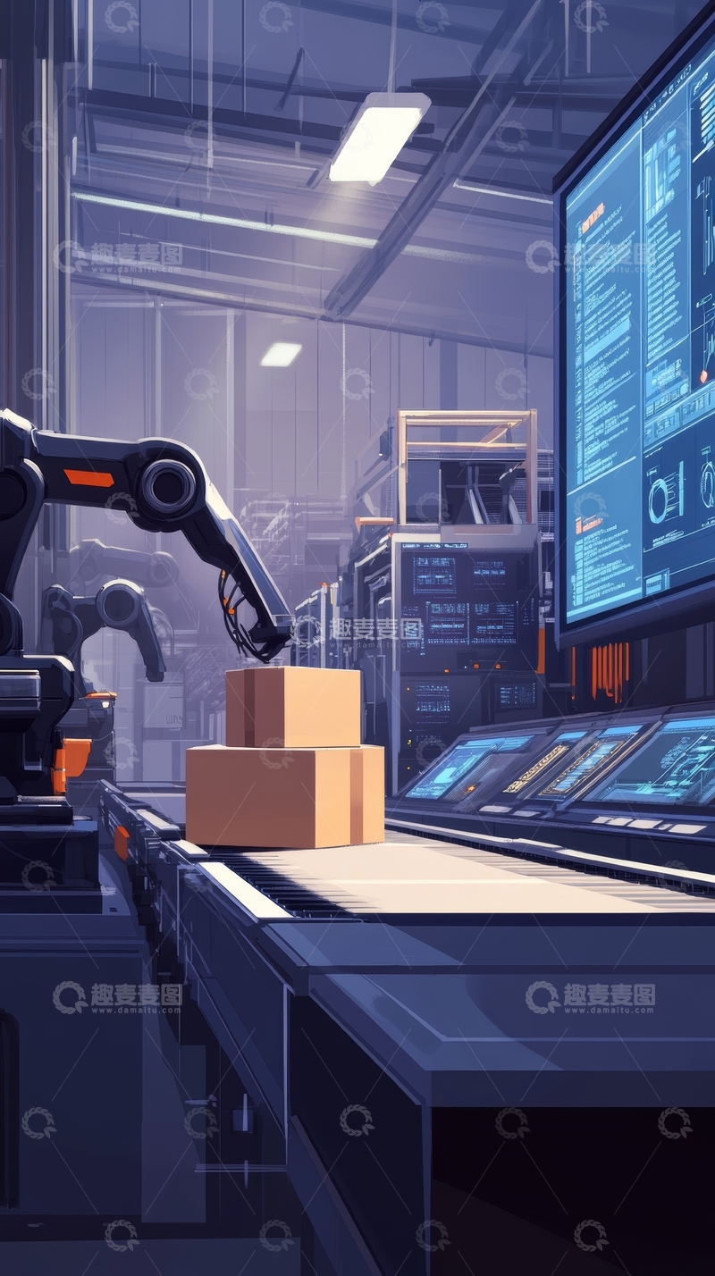 高清大图下载【趣麦麦图】智能工厂中的自动化机械臂操作