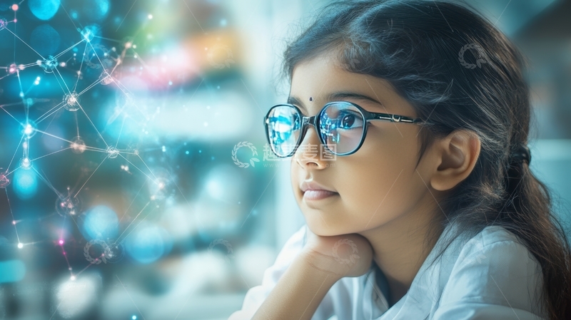 高清大图下载【趣麦麦图】戴眼镜的女孩注视着虚拟网络