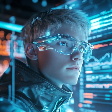 少年佩戴智能眼镜，置身未来科技环境
