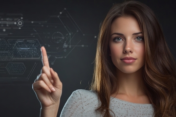 女性轻触虚拟屏幕，科技感十足