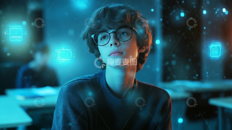 高清大图下载【趣麦麦图】戴眼镜少年在科技感教室中沉思