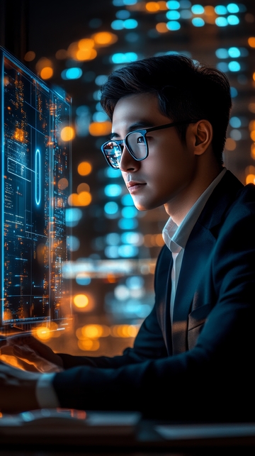 夜景中专注工作的程序员