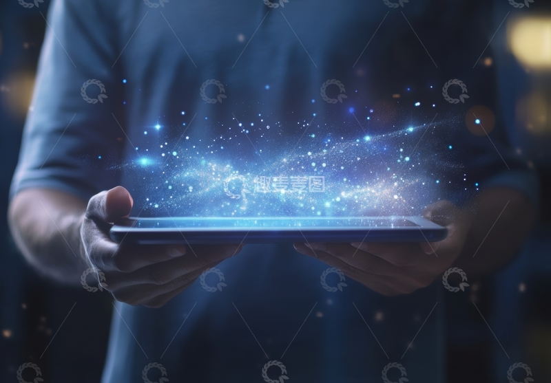 高清大图下载【趣麦麦图】手持平板，光芒四射的科技场景