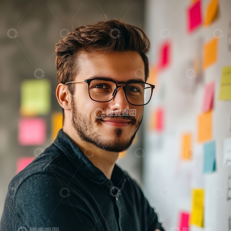 高清大图下载【趣麦麦图】戴眼镜的男子在彩色便签墙前微笑