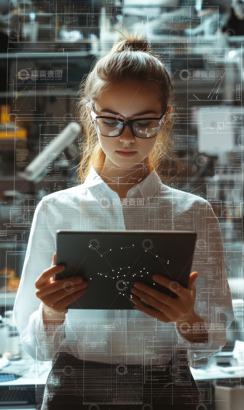 高清大图下载【趣麦麦图】实验室中的女性科学家使用平板电脑