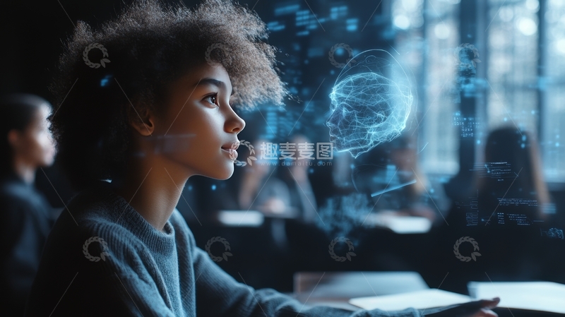 高清大图下载【趣麦麦图】学生专注观察虚拟大脑模型