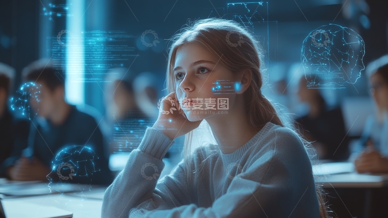 高清大图下载【趣麦麦图】未来科技课堂中的沉思少女