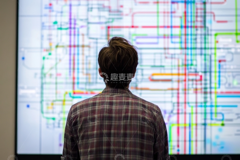 高清大图下载【趣麦麦图】男子背对屏幕，注视复杂线路图