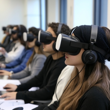 学生们佩戴虚拟现实头盔进行学习