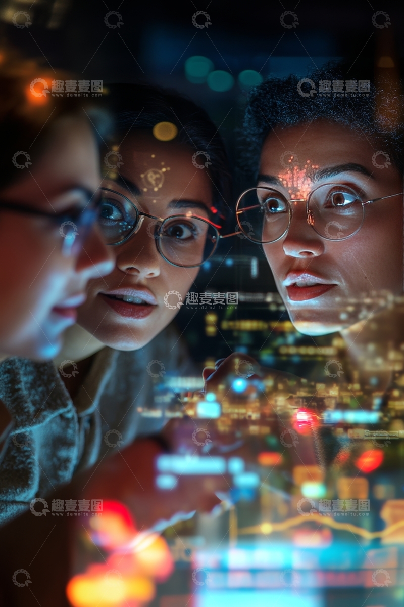 高清大图下载【趣麦麦图】三人专注分析数据图表