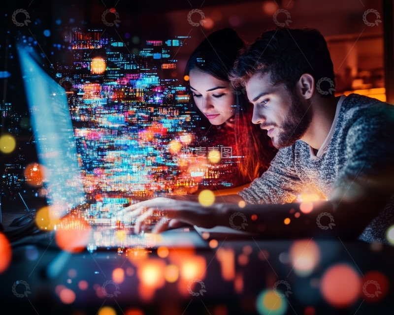 高清大图下载【趣麦麦图】两人专注电脑，背景城市夜景光影