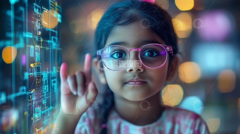 高清大图下载【趣麦麦图】小女孩触摸未来科技界面