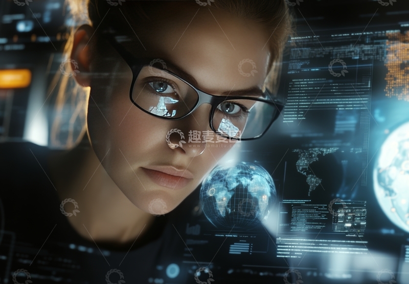 高清大图下载【趣麦麦图】未来科技界面中的专注女性