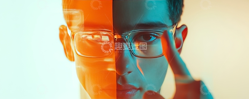 高清大图下载【趣麦麦图】双色光影下的眼镜人物肖像