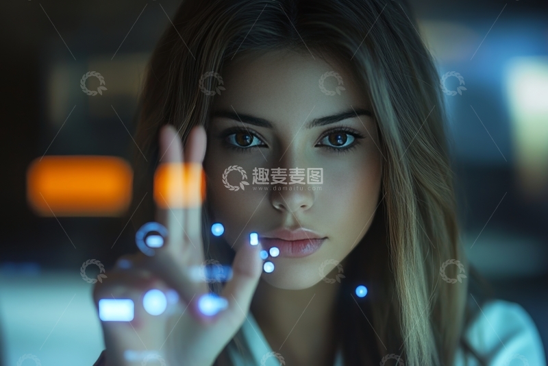高清大图下载【趣麦麦图】未来科技互动，女性触摸虚拟界面