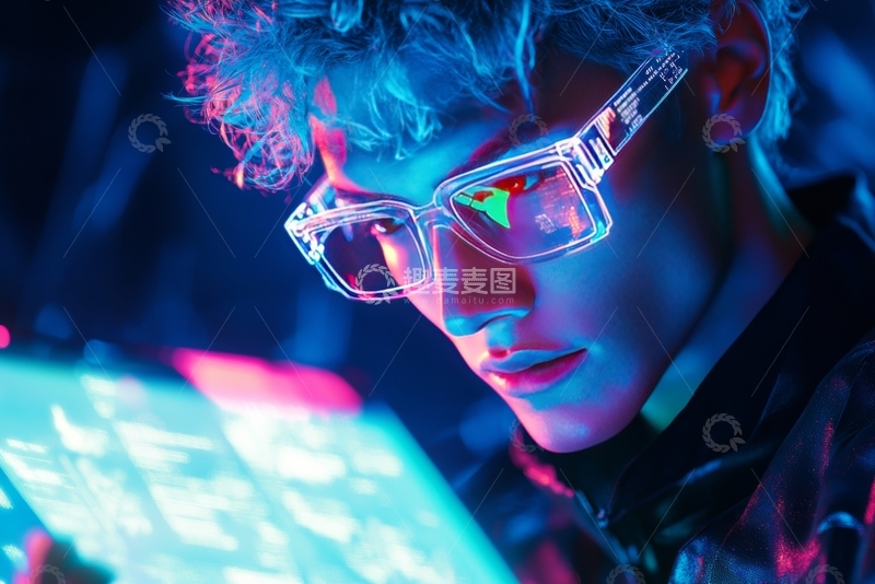 高清大图下载【趣麦麦图】霓虹光影下的科技青年