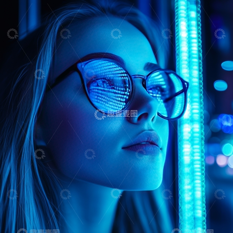 高清大图下载【趣麦麦图】蓝光映照下的眼镜女子