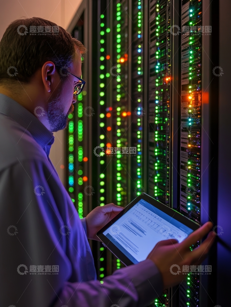 高清大图下载【趣麦麦图】技术人员在服务器机房检查数据