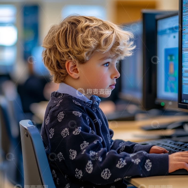 高清大图下载【趣麦麦图】-专注的小孩在使用电脑