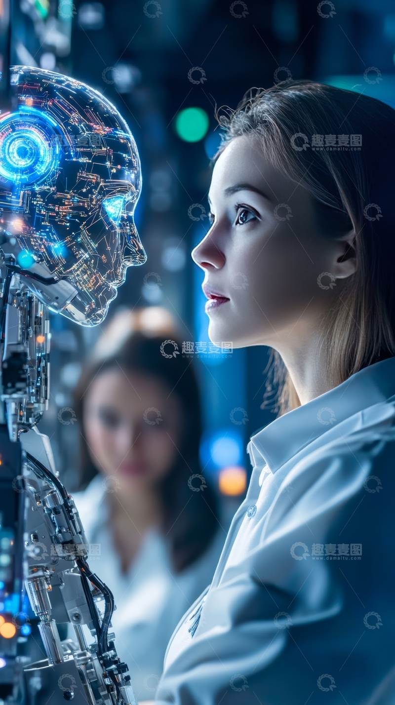 高清大图下载【趣麦麦图】女性与机器人对视，科技未来场景