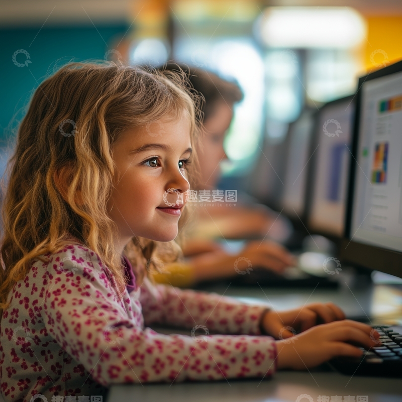 高清大图下载【趣麦麦图】小女孩专注使用电脑学习