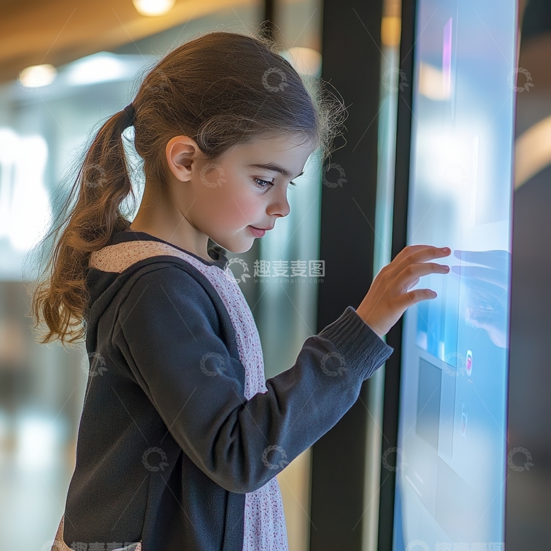 高清大图下载【趣麦麦图】小女孩专注触摸互动屏幕