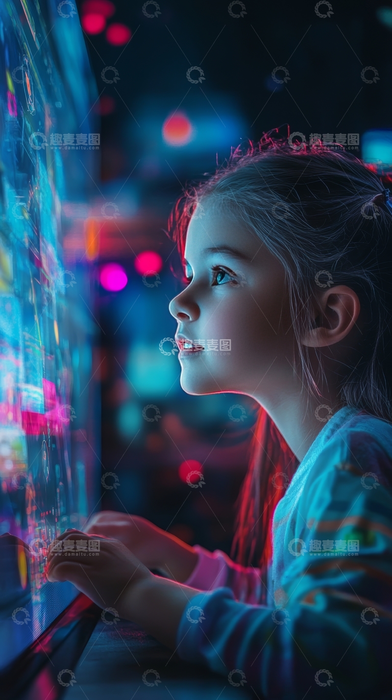 高清大图下载【趣麦麦图】小女孩专注观看屏幕