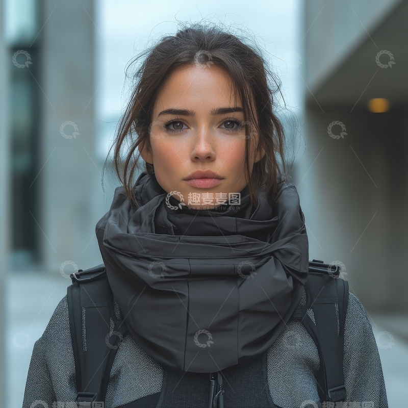 高清大图下载【趣麦麦图】穿着厚实围巾的女性户外肖像