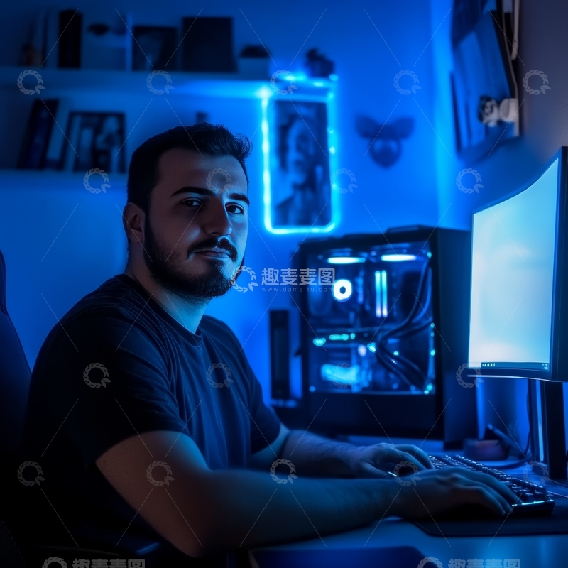 高清大图下载【趣麦麦图】男子在蓝色灯光下使用电脑
