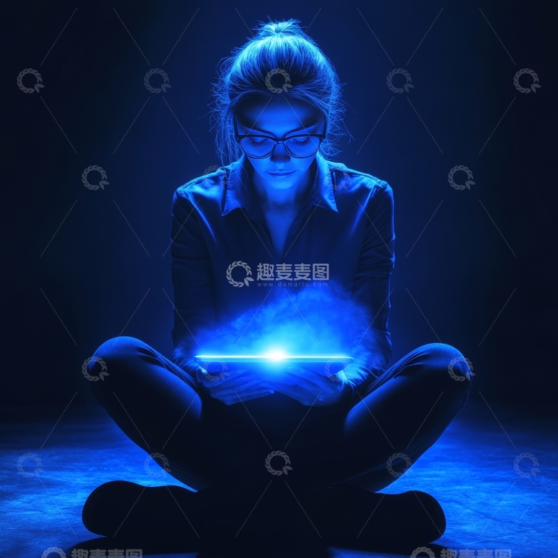 蓝光环绕，女子专注平板